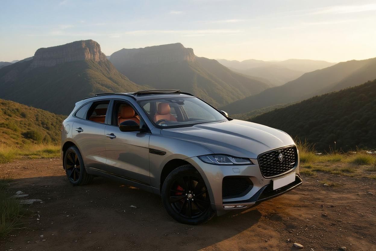 Enhanced Jaguar F-PACE with custom mountain landscape scene and professional outdoor lighting